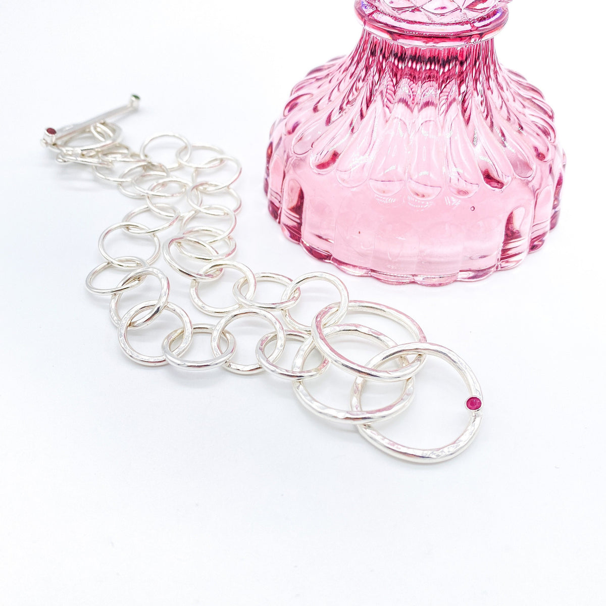 Silver Necklace with Ruby and Tourmaline Handmade Chunky