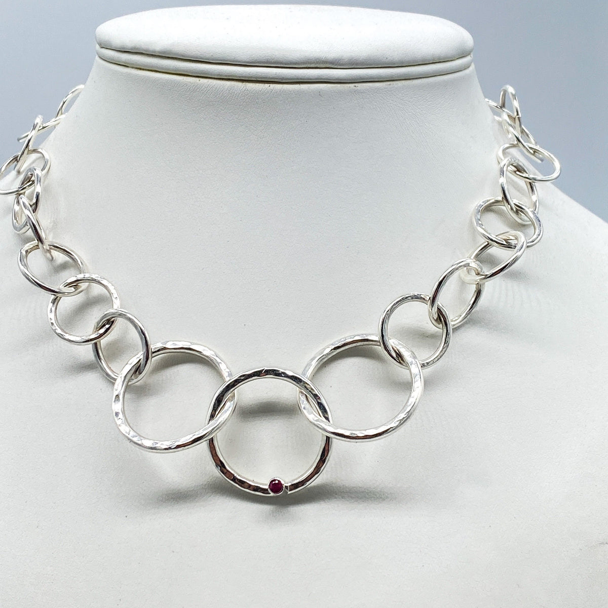 Silver Necklace with Ruby and Tourmaline Handmade Chunky