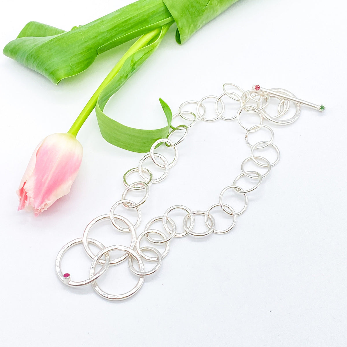Silver Necklace with Ruby and Tourmaline Handmade Chunky