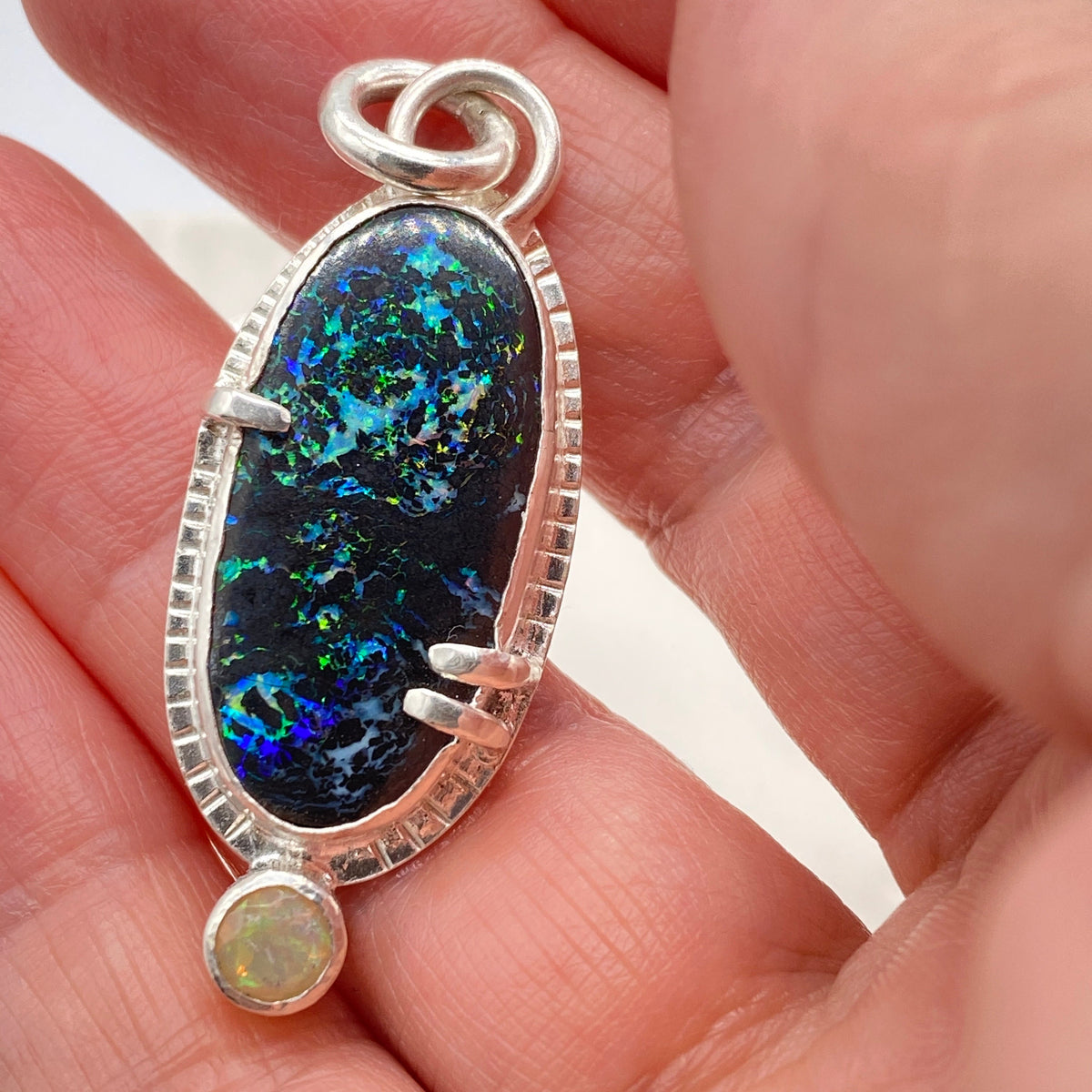 Handmade Black Opal and Welo Opal Sterling Silver Pendant