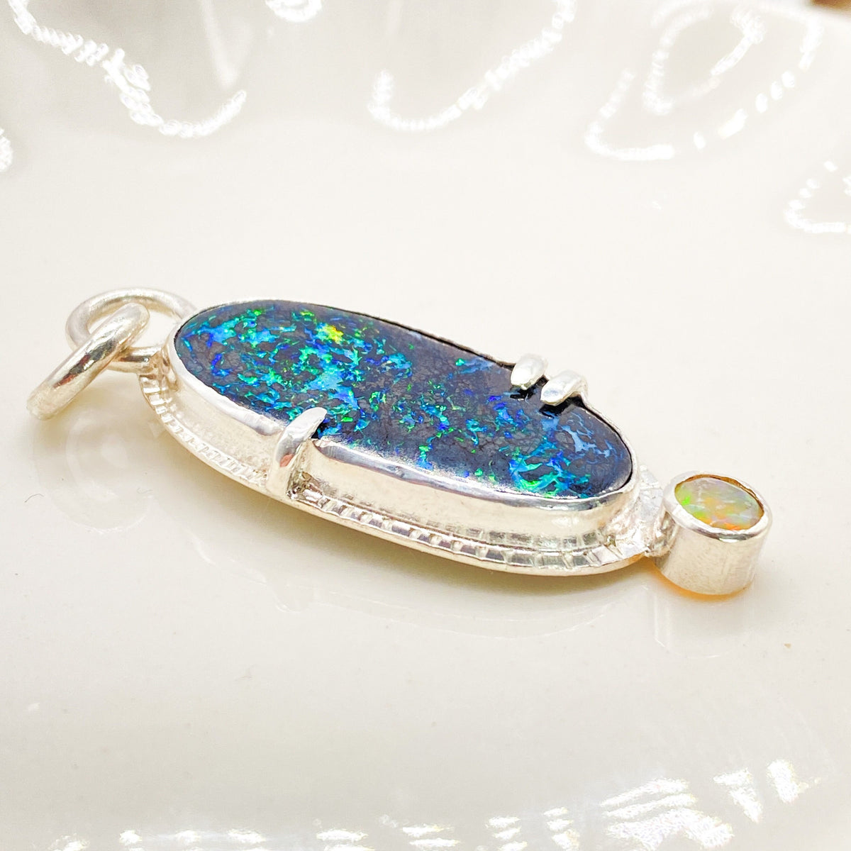 Handmade Black Opal and Welo Opal Sterling Silver Pendant
