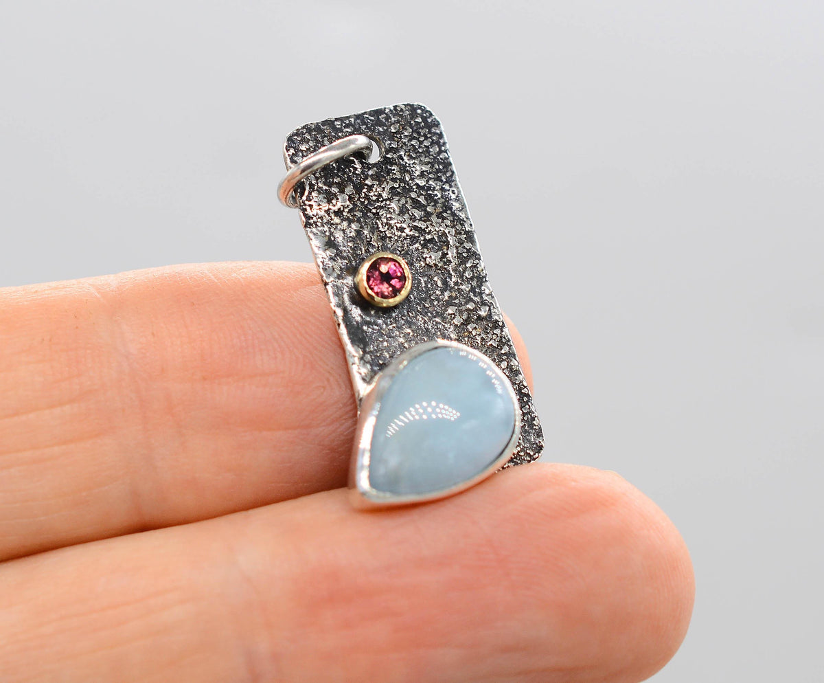 Aquamarine and Pink Tourmaline Handmade Silver Pendant