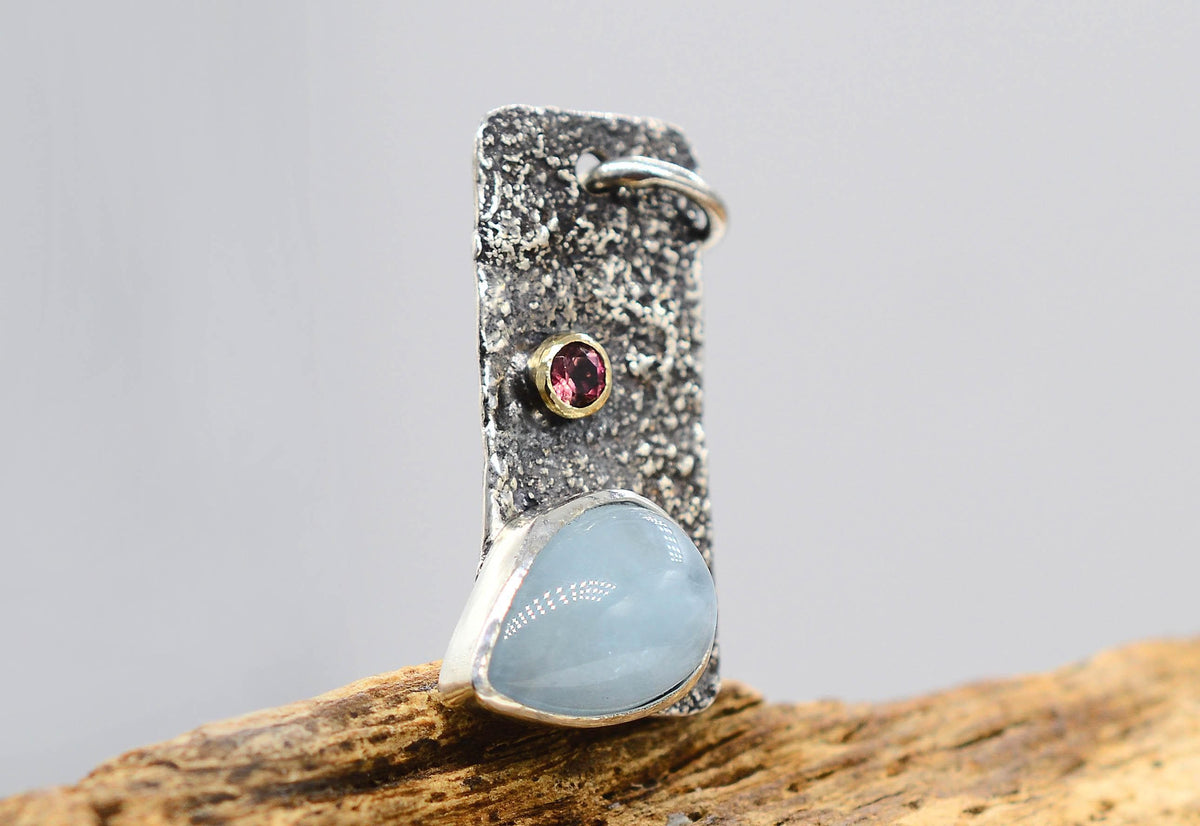 Handmade Aquamarine and Pink Tourmaline Handmade Silver Pendant