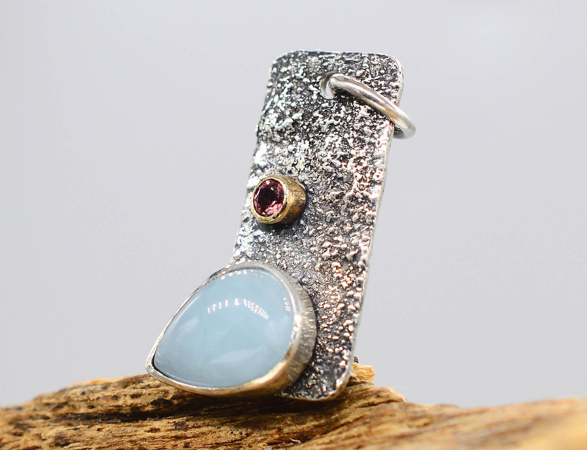 Handmade Aquamarine and Pink Tourmaline Handmade Silver Pendant