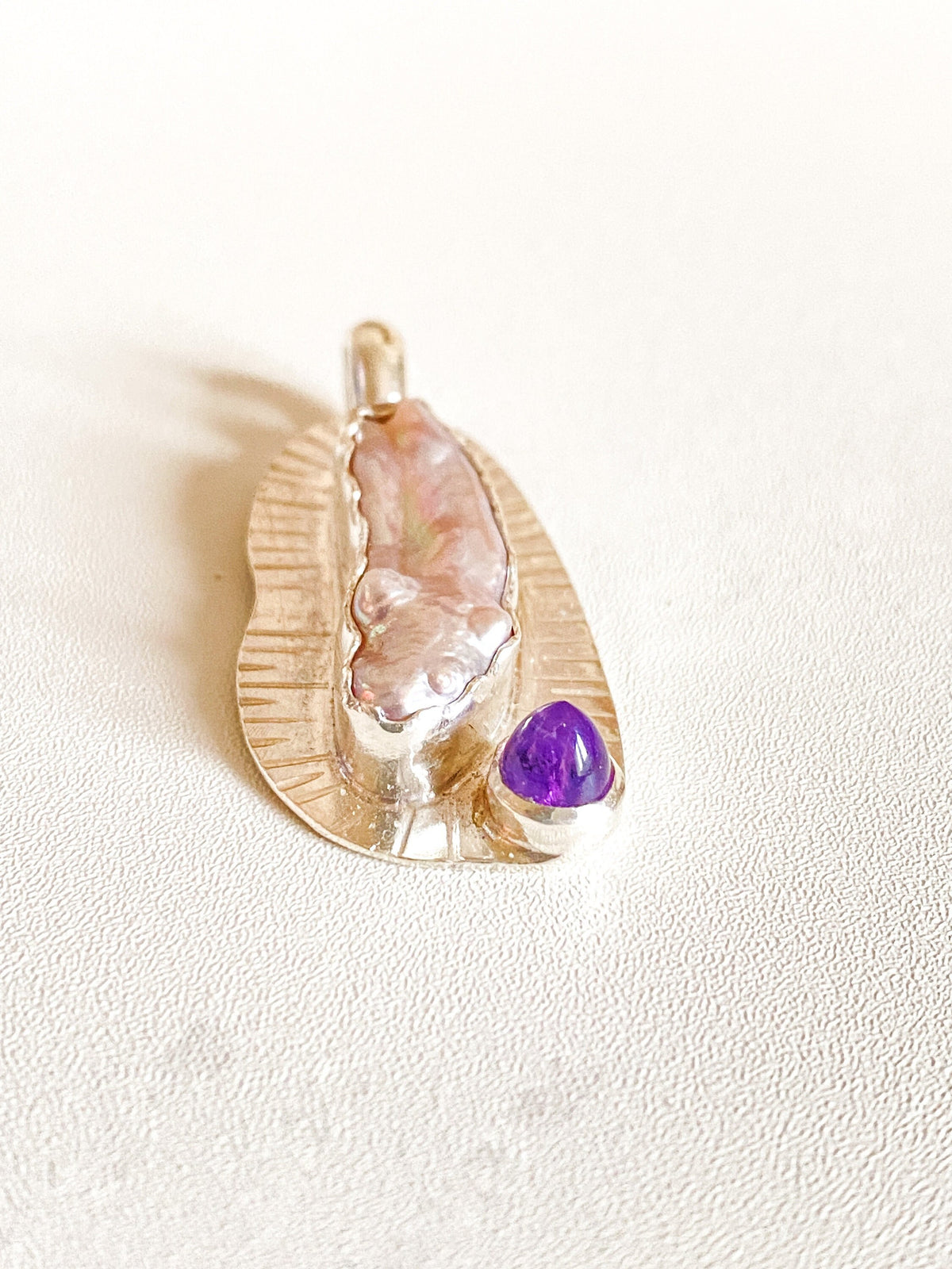 Handmade Biwa Pearl and Amethyst Silver Pendant