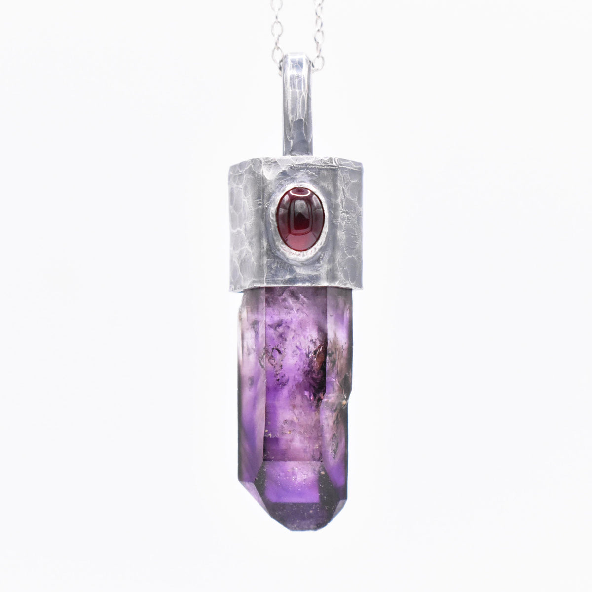 Handmade Brandberg Crystal Silver Pendant with Garnet Gemstone