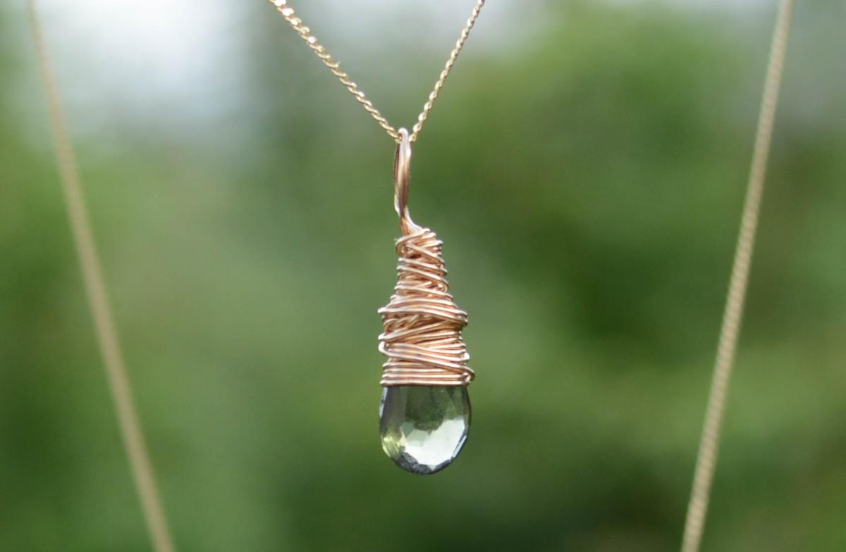 Handmade Moldavite Gold Wire Wrapped Necklace