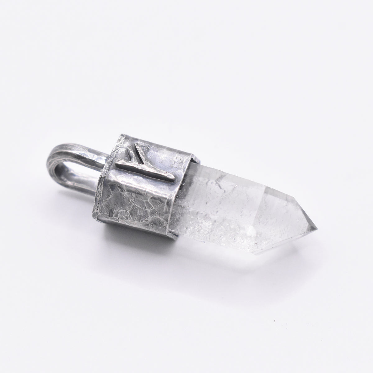Handmade Quartz Blackened Sterling Silver Fehu Rune Pendant