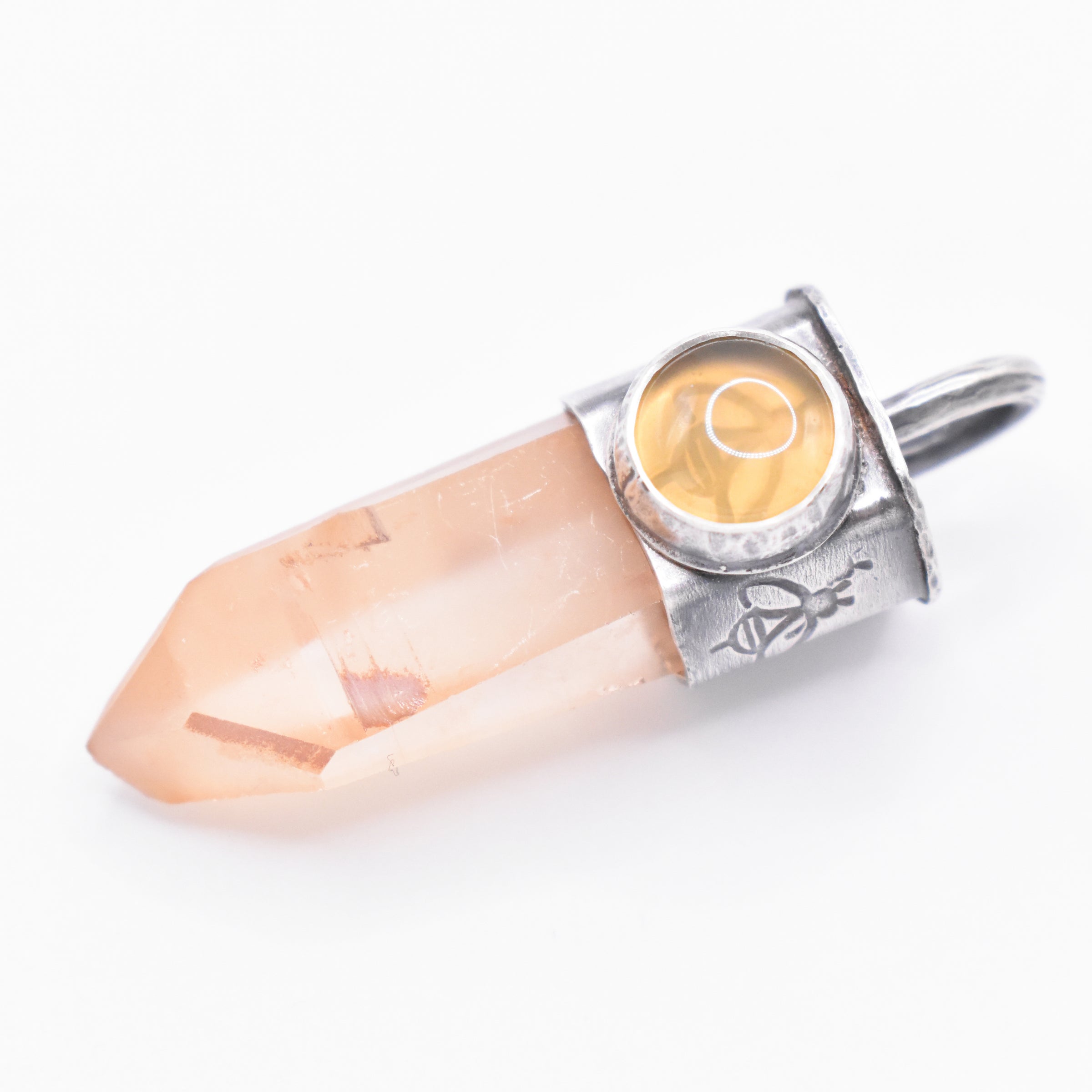 Handmade Golden Lemurian Quartz and Yellow Opal Stamped Sterling Silver Bee Pendant