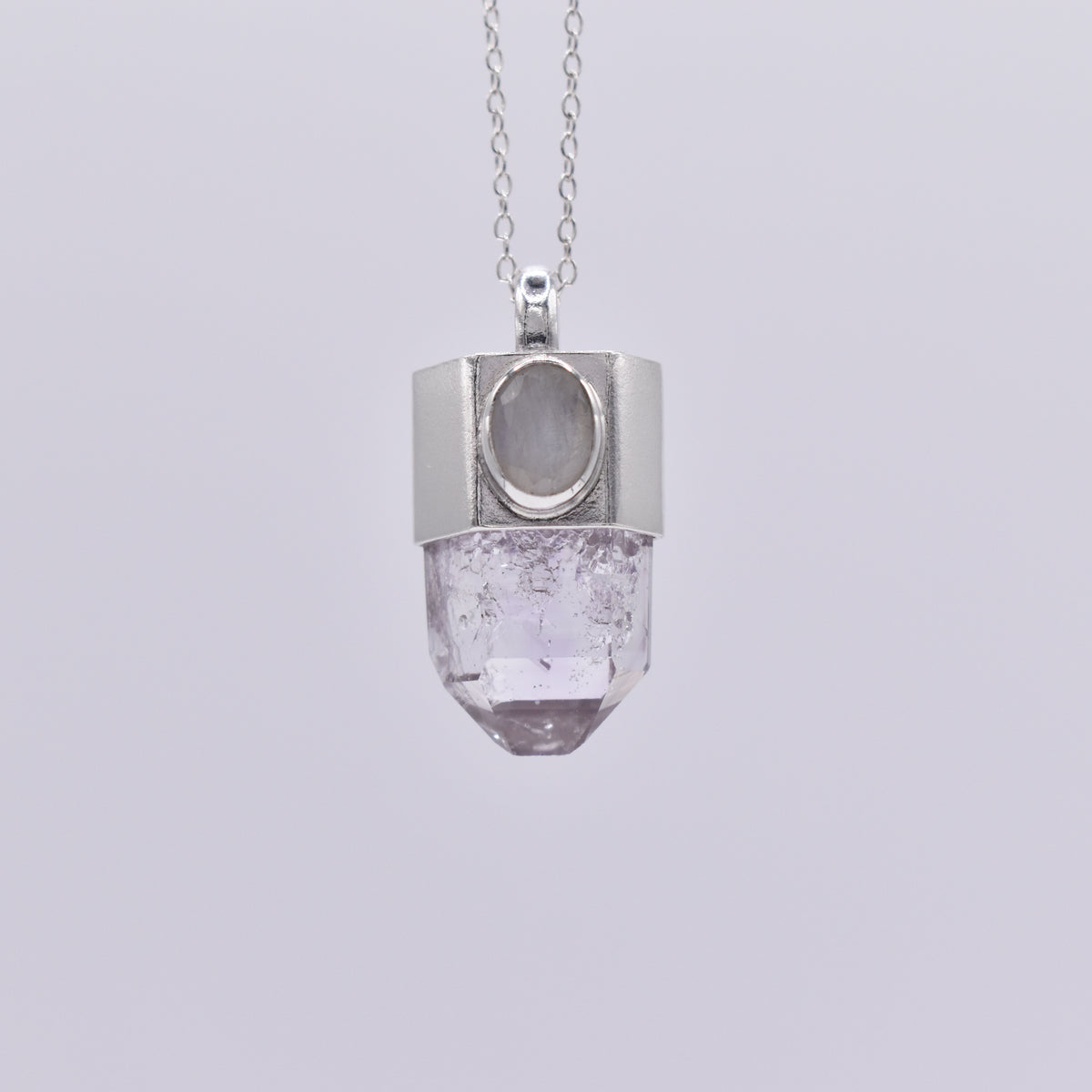 Handmade Brandberg Quartz and Moonstone Sterling Silver Crystal Pendant