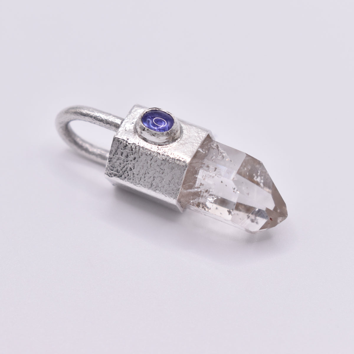 Handmade Brandberg Quartz and Tanzanite Hammered Sterling Silver Crystal Pendant