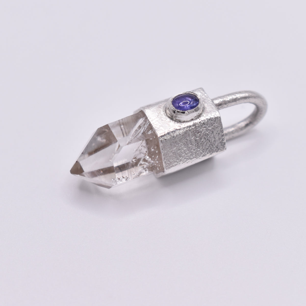 Handmade Brandberg Quartz and Tanzanite Hammered Sterling Silver Crystal Pendant