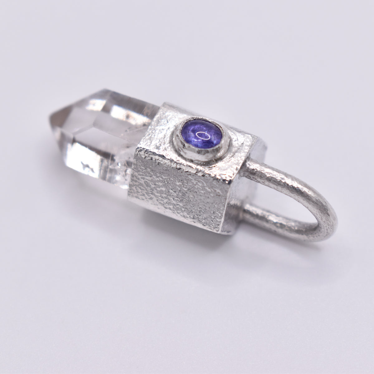 Handmade Brandberg Quartz and Tanzanite Hammered Sterling Silver Crystal Pendant