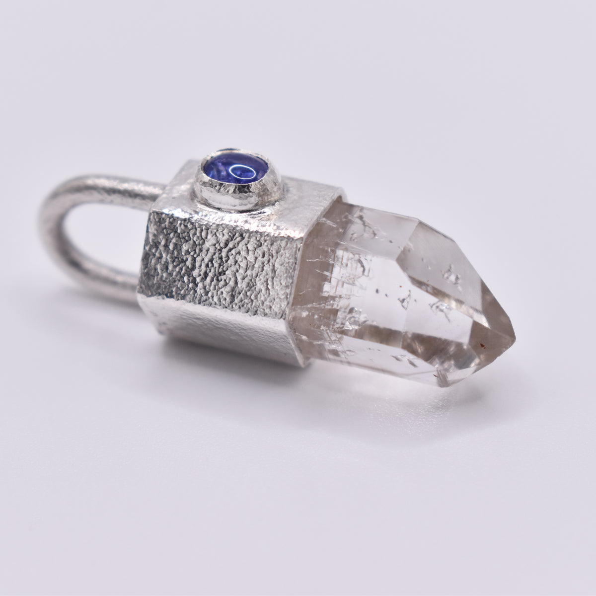 Handmade Brandberg Quartz and Tanzanite Hammered Sterling Silver Crystal Pendant