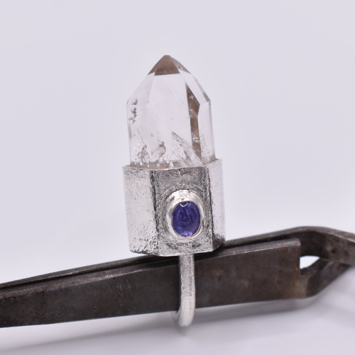 Handmade Brandberg Quartz and Tanzanite Hammered Sterling Silver Crystal Pendant