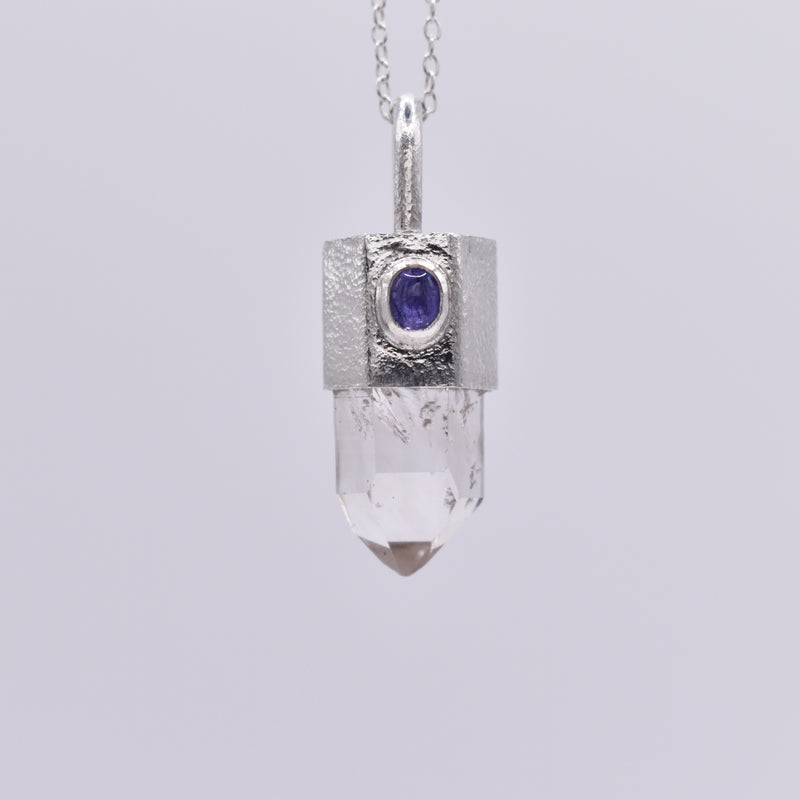 Handmade Brandberg Quartz and Tanzanite Hammered Sterling Silver Crystal Pendant