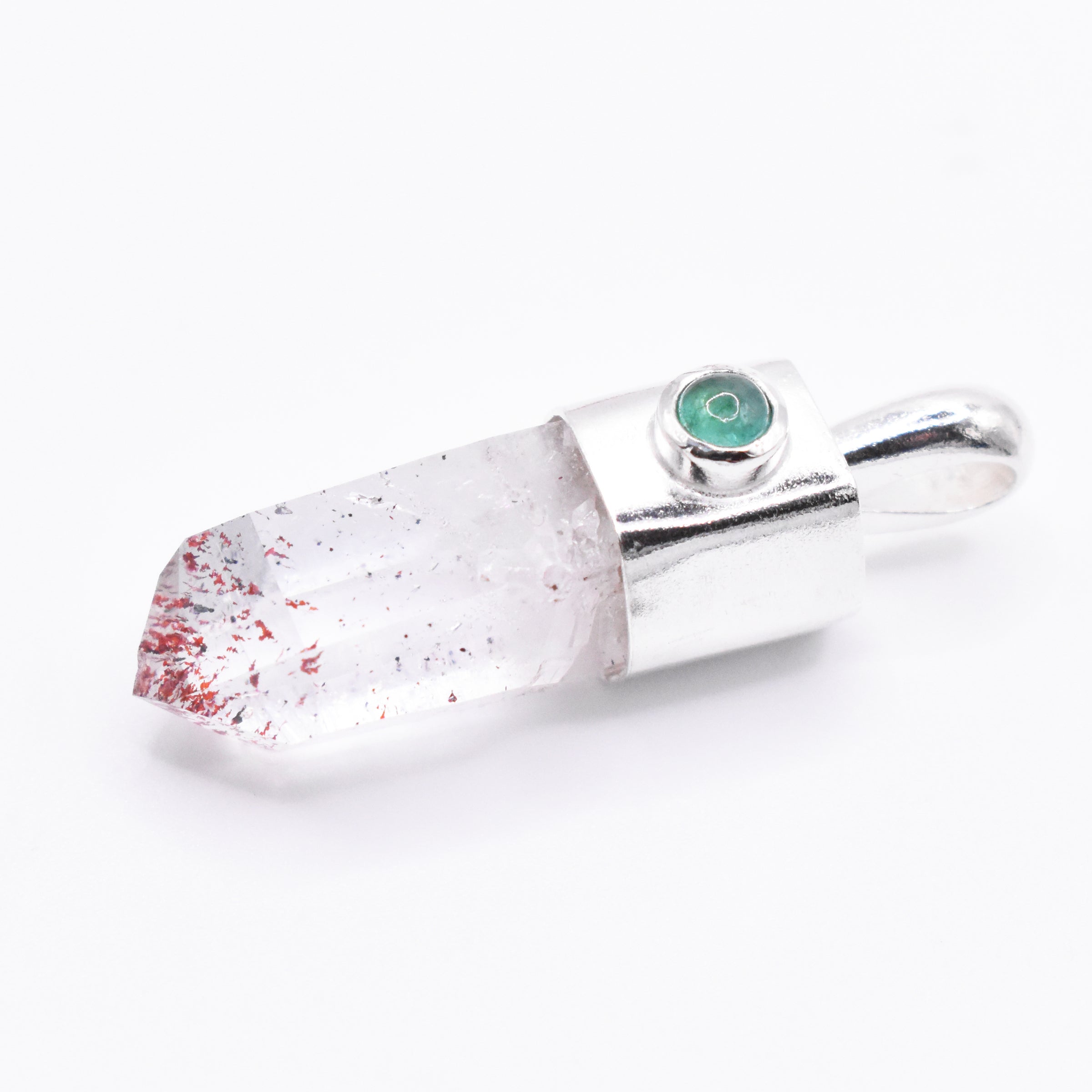 Handmade Brandberg Harlequin Quartz and Emerald Sterling Silver Pendant
