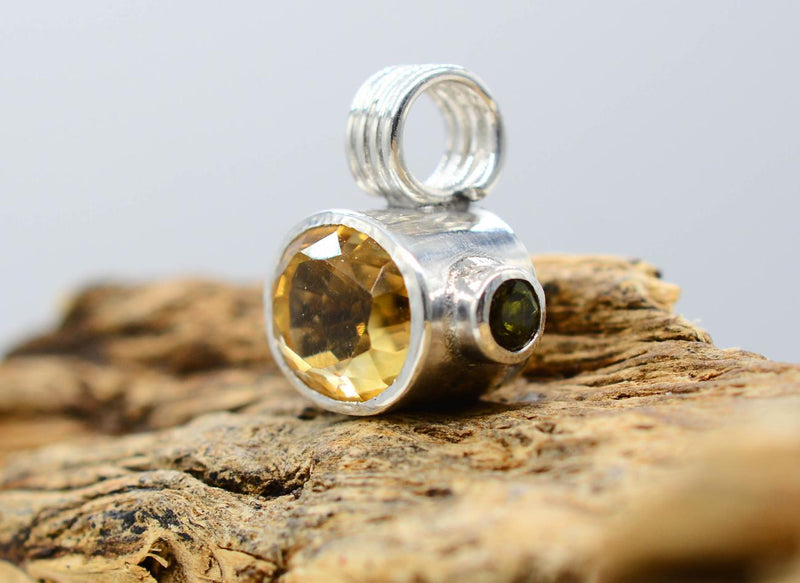 Handmade Citrine, Madeira Citrine & Green Tourmaline Silver Pendant