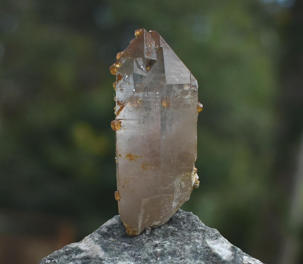 Orange Garnets on Self-Healed Smoky Quartz