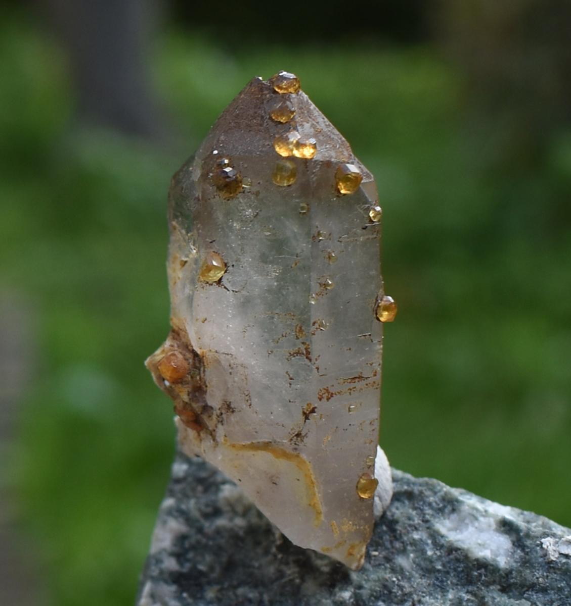 Orange Garnets on Self-Healed Smoky Quartz