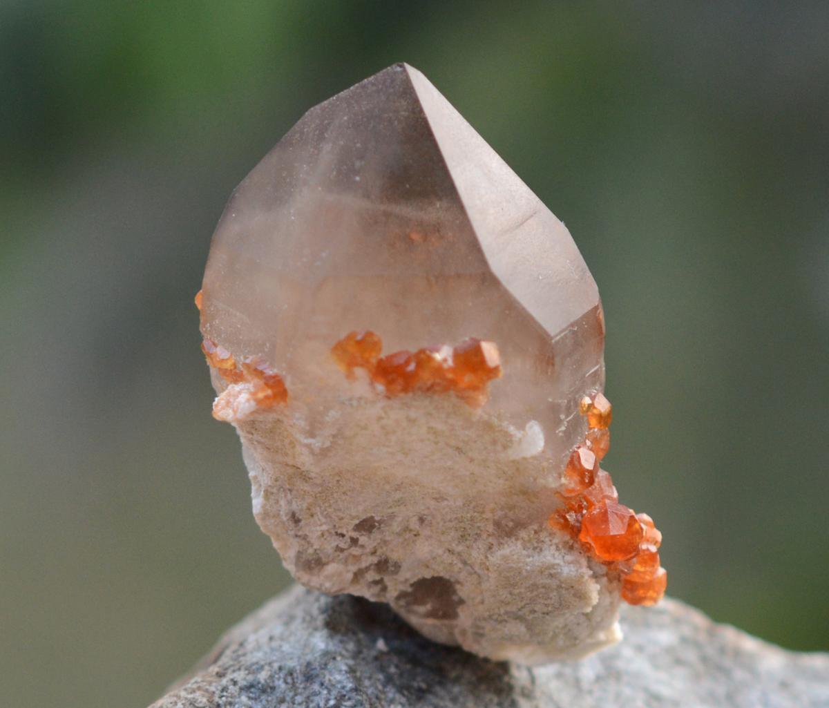 Orange Garnets on Self-Healed Smoky Quartz Phantom