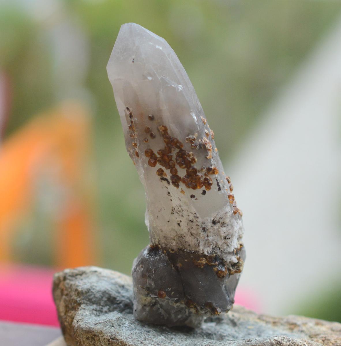 Orange Garnets on Self-Healed Smoky Quartz Manifestation Crystal