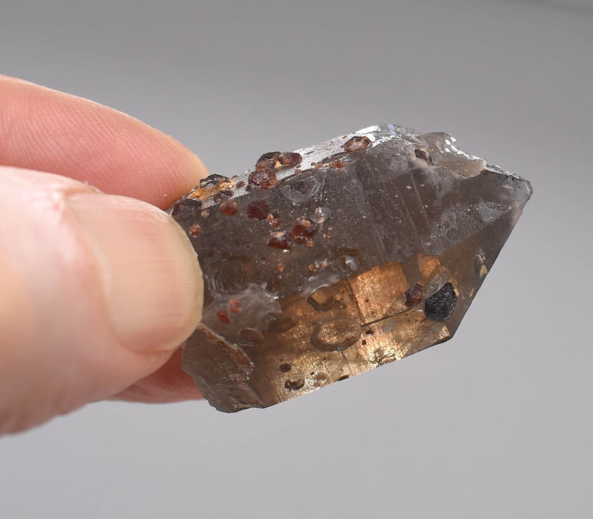 Orange Garnets on Self-Healed Smoky Quartz