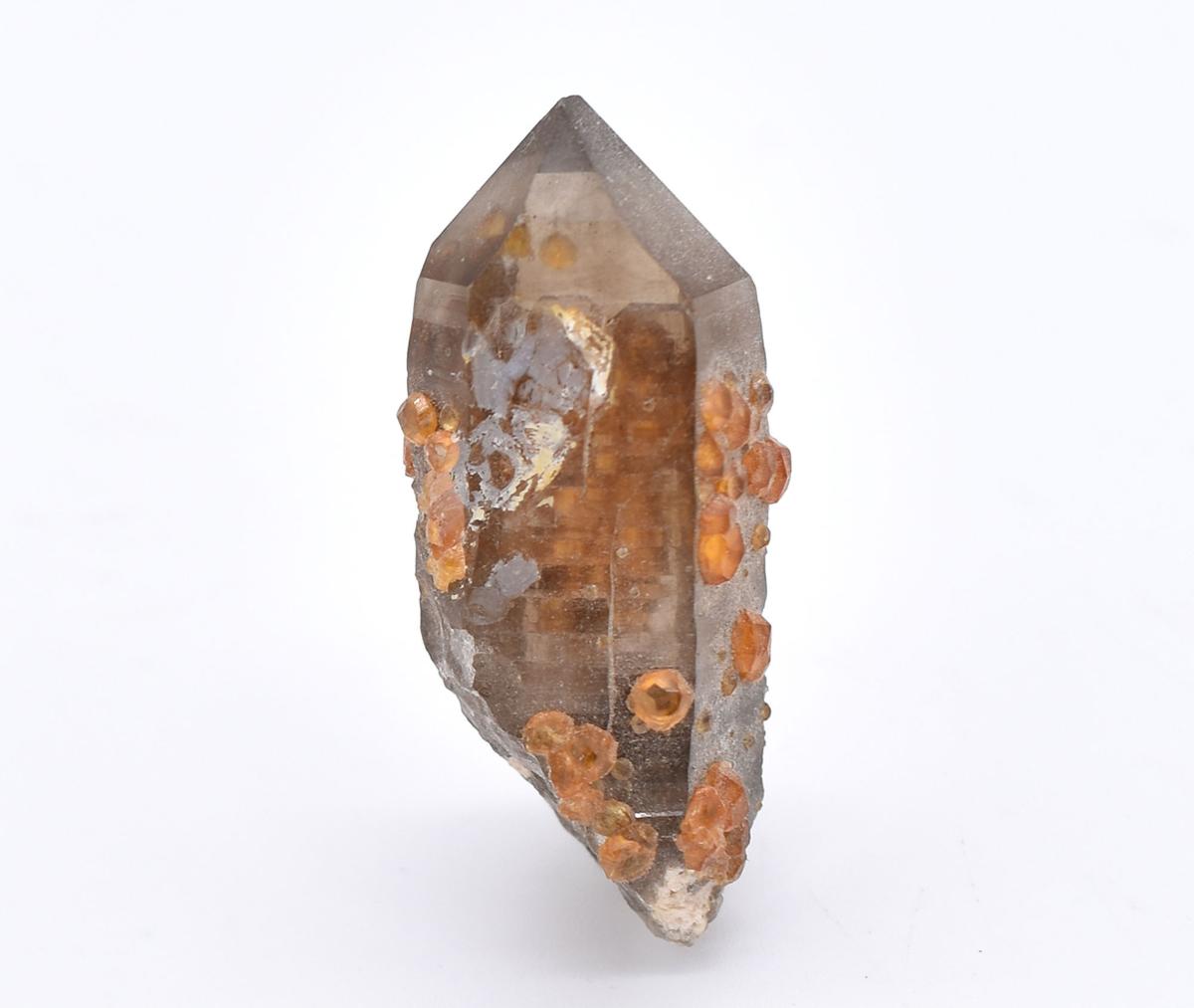 Orange Garnets on Self-Healed Smoky Quartz Manifestation Crystal