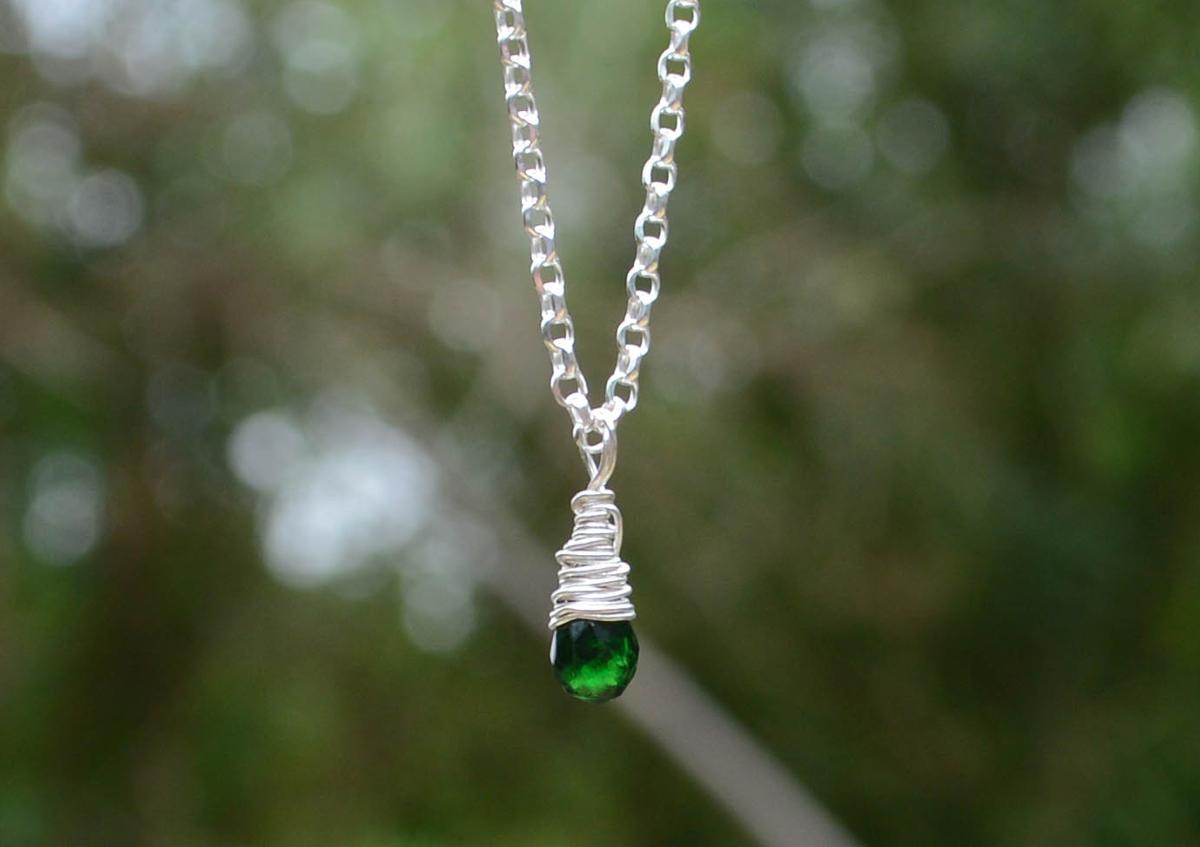 Wire Wrapped Green Tourmaline Silver Pendant