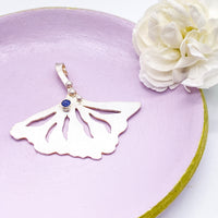 Natural Sapphire Sterling Silver Ginkgo Leaf Pendant