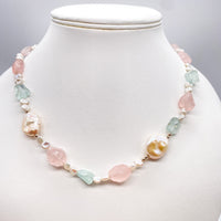 Handmade Natural Rose Quartz with Aquamarine and Keshi Pearls Sterling Silver Necklace