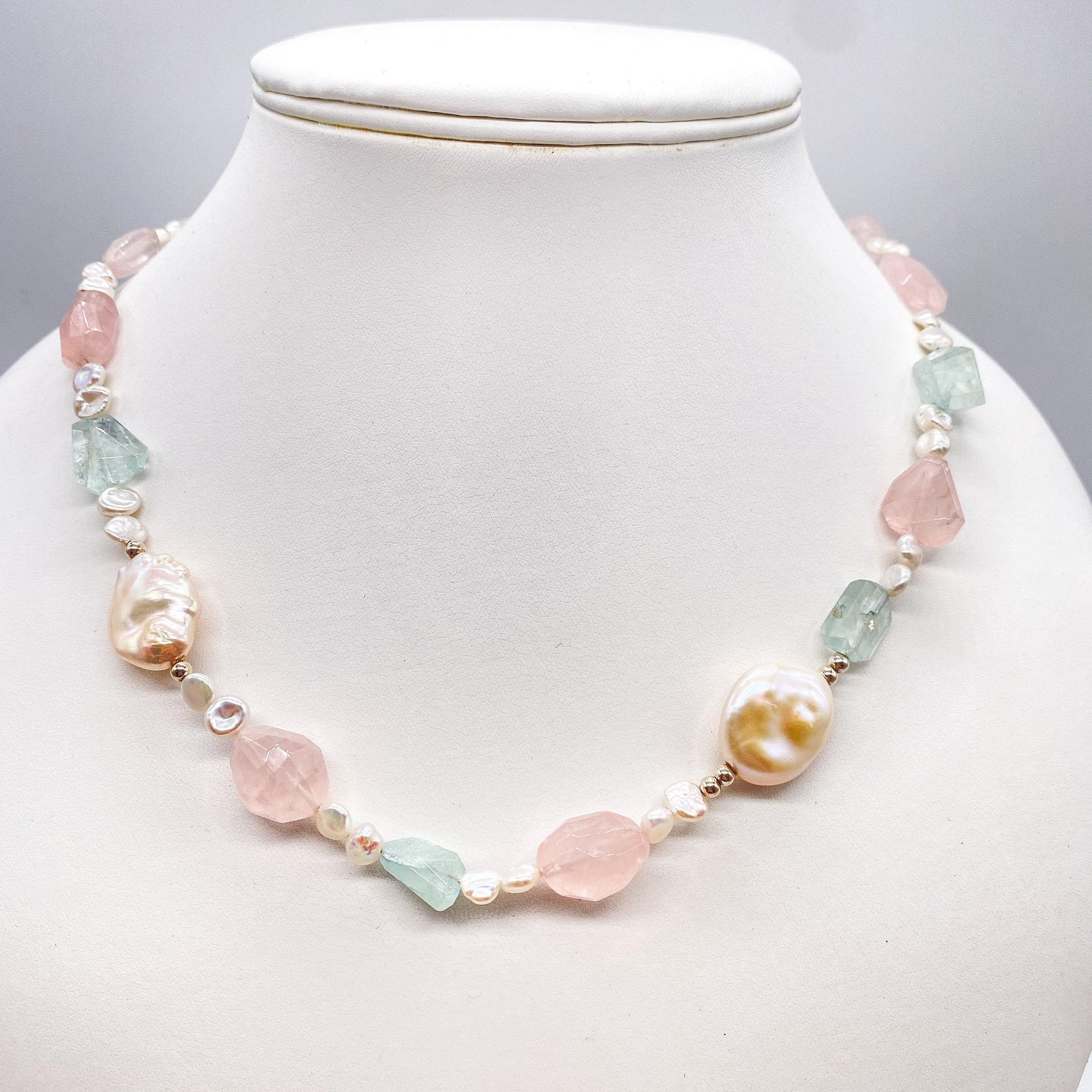 Handmade Natural Rose Quartz with Aquamarine and Keshi Pearls Sterling Silver Necklace