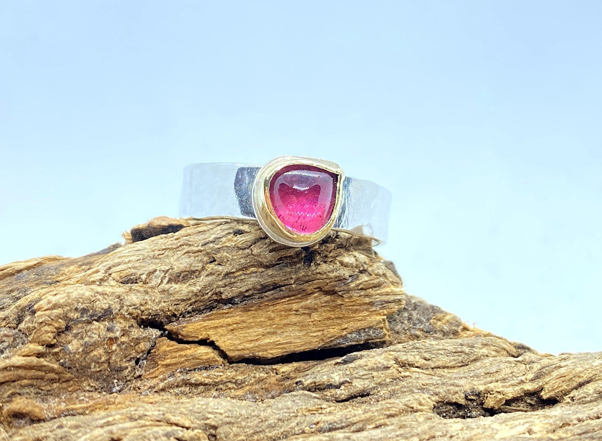 Pink Tourmaline Sterling Silver and Gold Ring: Handmade Natural Gemstone Jewellery
