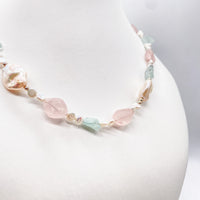 Handmade Natural Rose Quartz with Aquamarine and Keshi Pearls Sterling Silver Necklace
