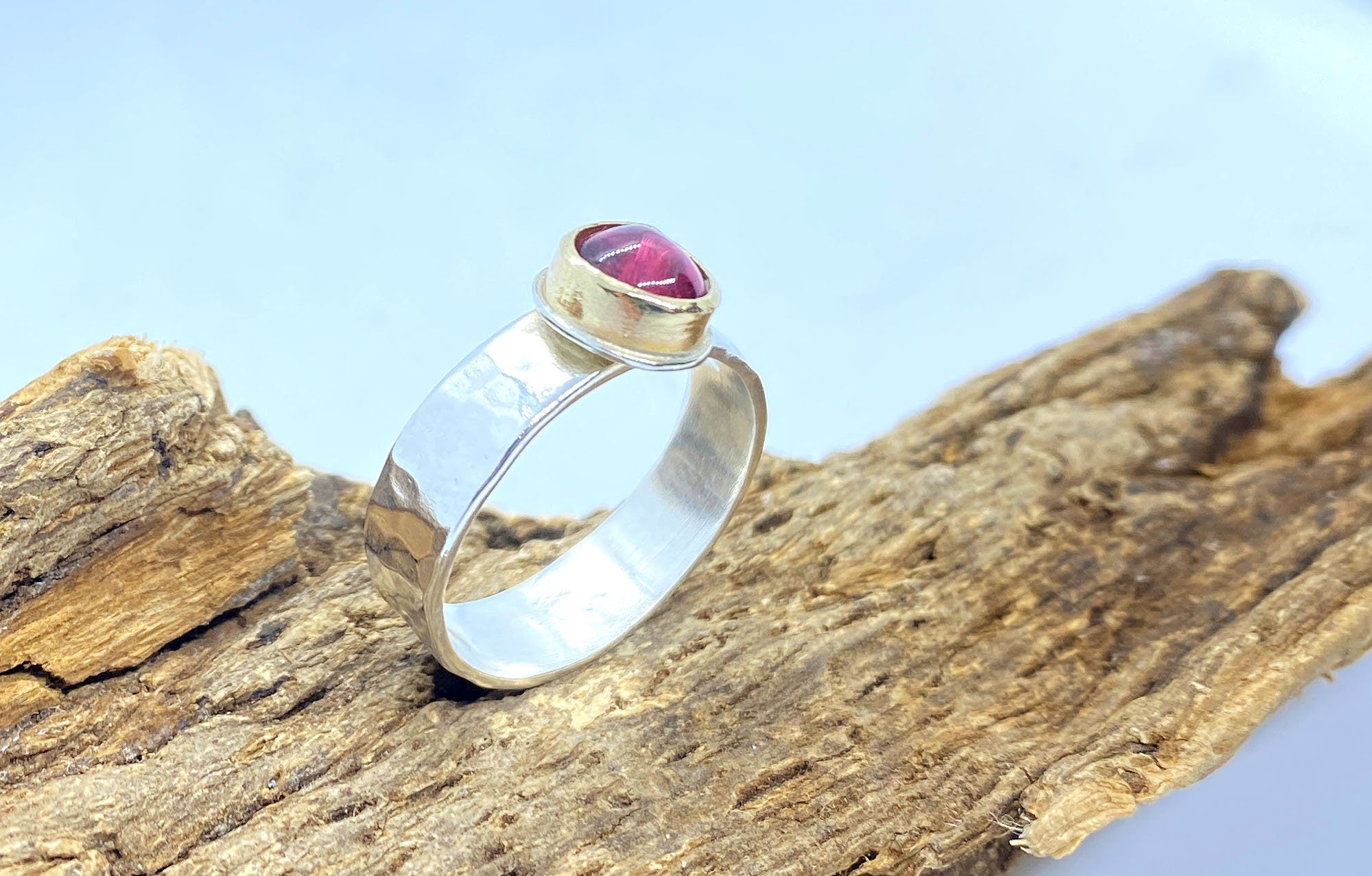 Pink Tourmaline Sterling Silver and Gold Ring: Handmade Natural Gemstone Jewellery