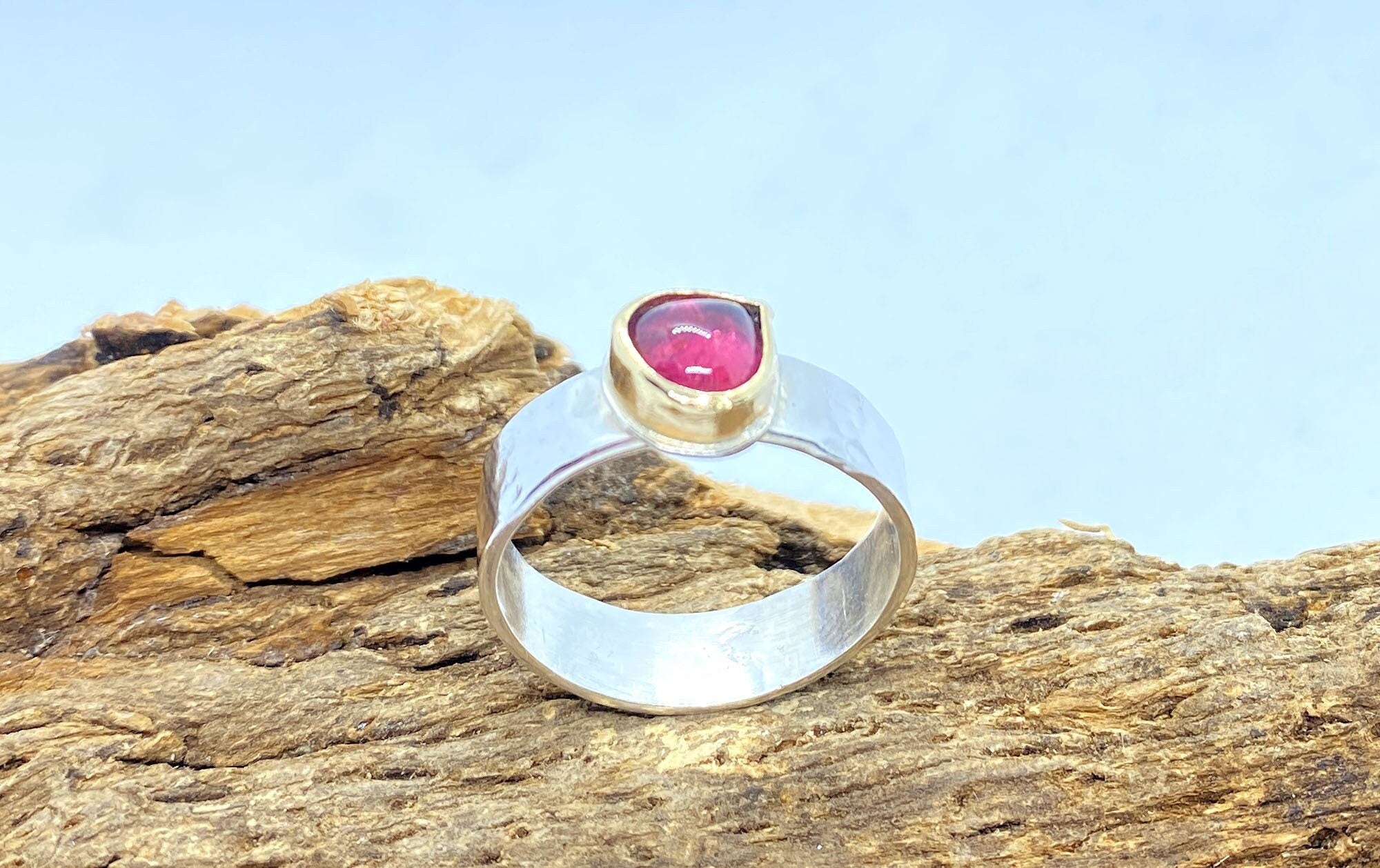 Pink Tourmaline Sterling Silver and Gold Ring: Handmade Natural Gemstone Jewellery