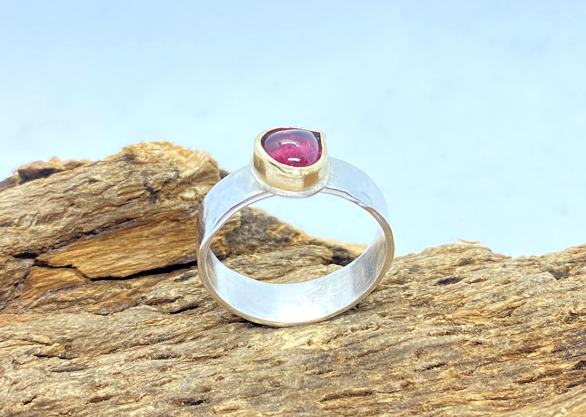 Pink Tourmaline Sterling Silver and Gold Ring: Handmade Natural Gemstone Jewellery