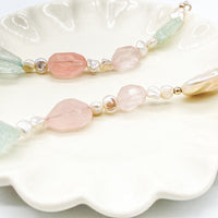 Handmade Natural Rose Quartz with Aquamarine and Keshi Pearls Sterling Silver Necklace