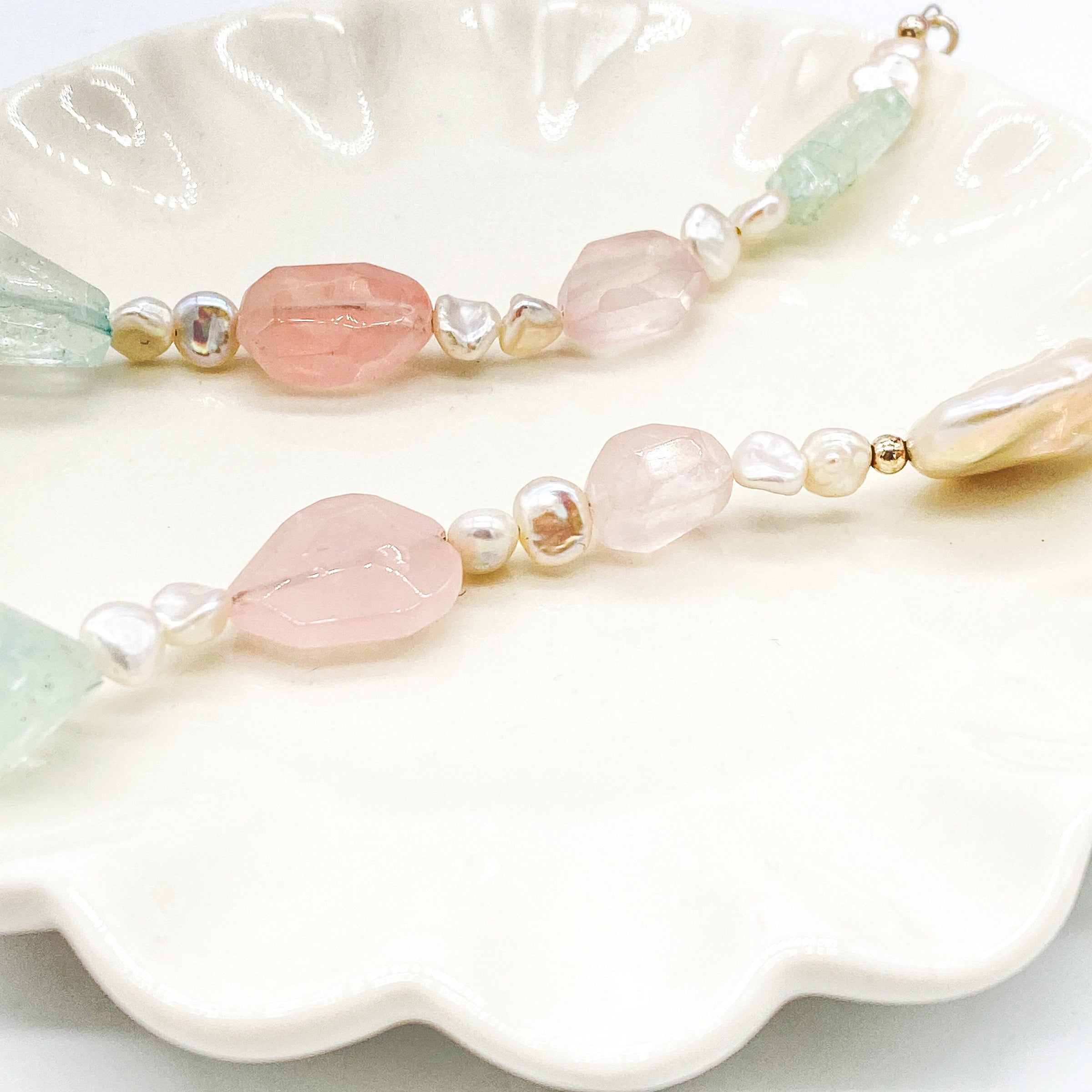 Handmade Natural Rose Quartz with Aquamarine and Keshi Pearls Sterling Silver Necklace
