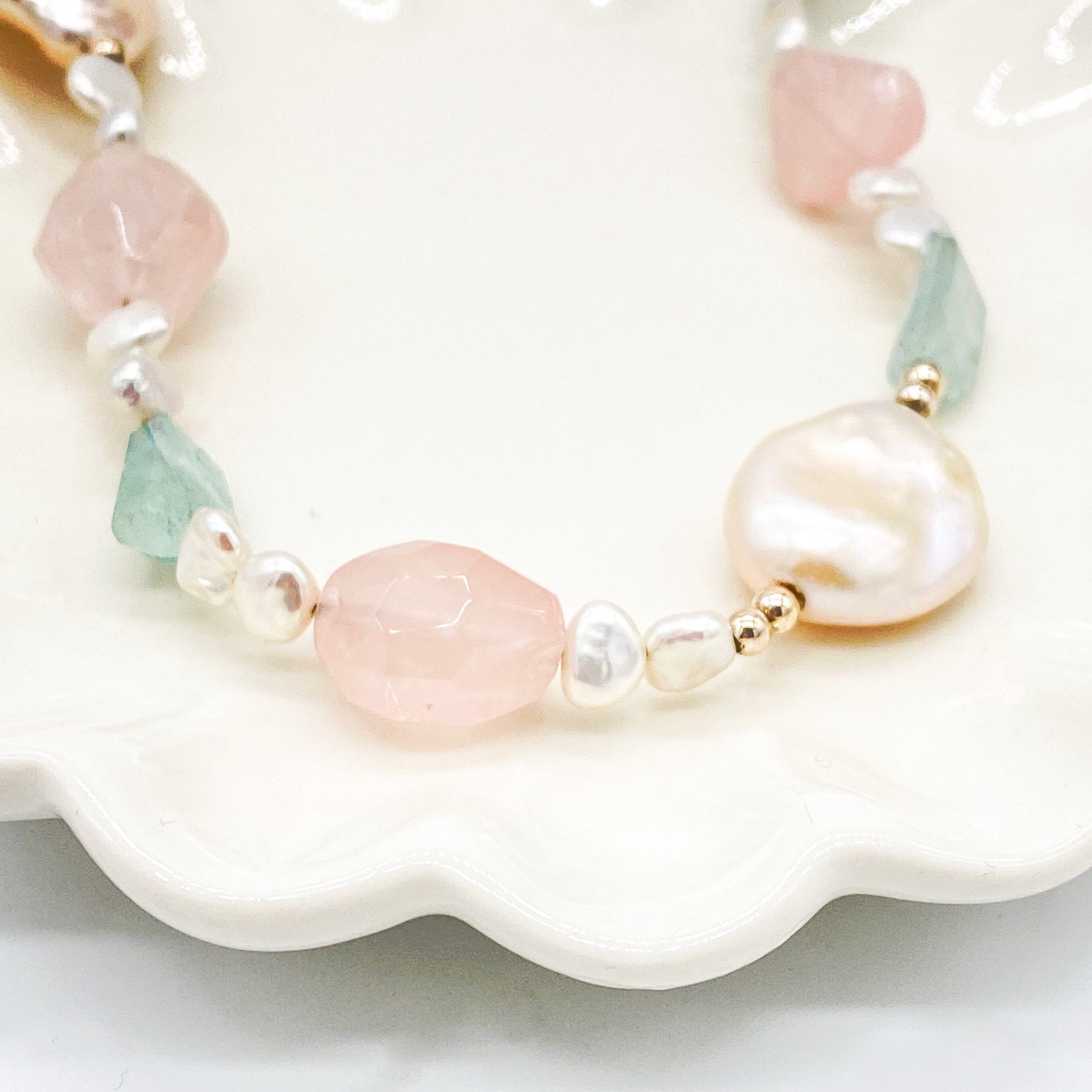 Handmade Natural Rose Quartz with Aquamarine and Keshi Pearls Sterling Silver Necklace