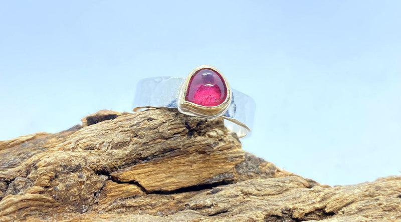 Pink Tourmaline Sterling Silver and Gold Ring: Handmade Natural Gemstone Jewellery