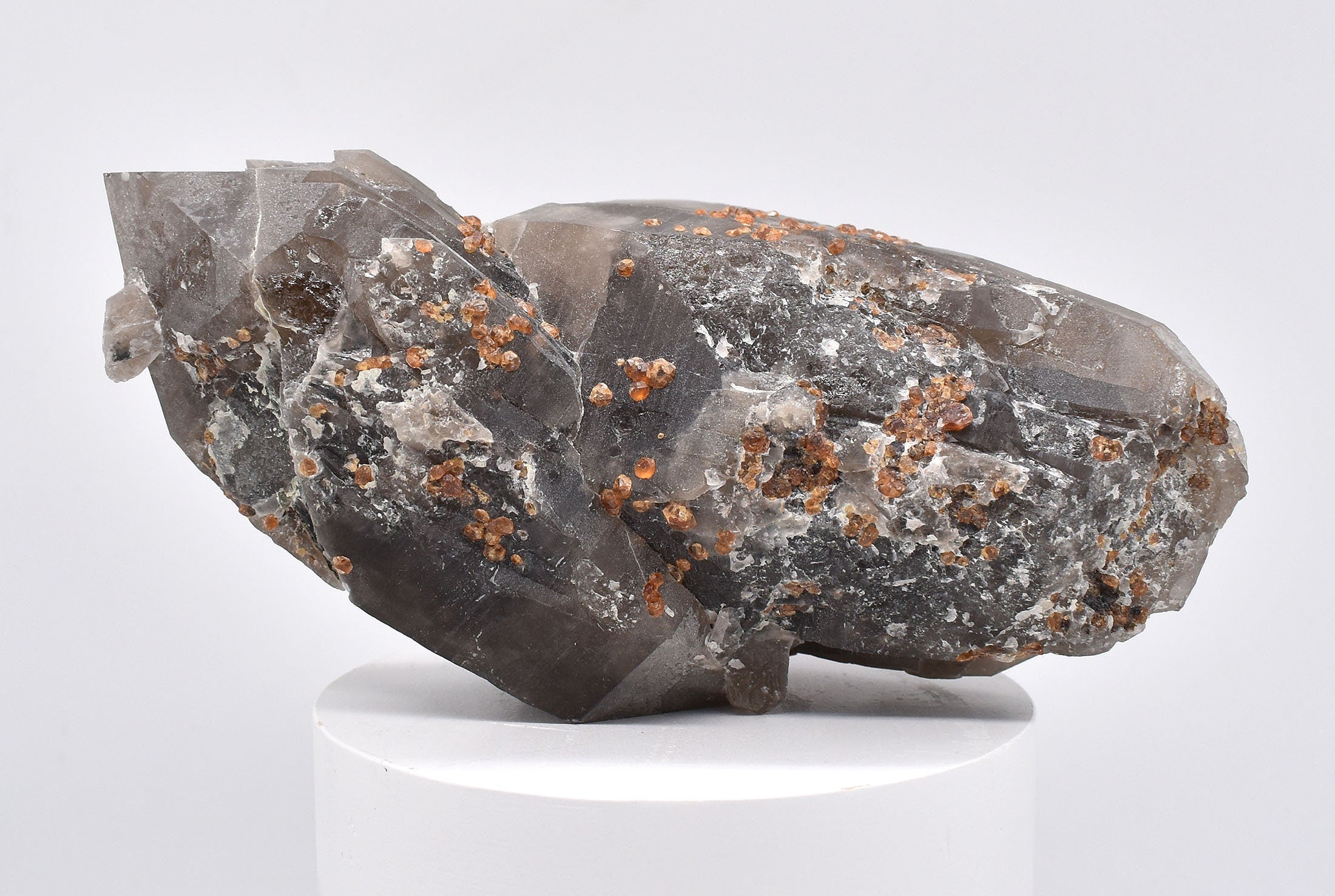 Spessartine Garnets on Self-Healed Smokey DT Elestial Quartz
