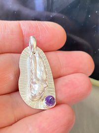 Handmade Biwa Pearl and Amethyst Sterling Silver Pendant