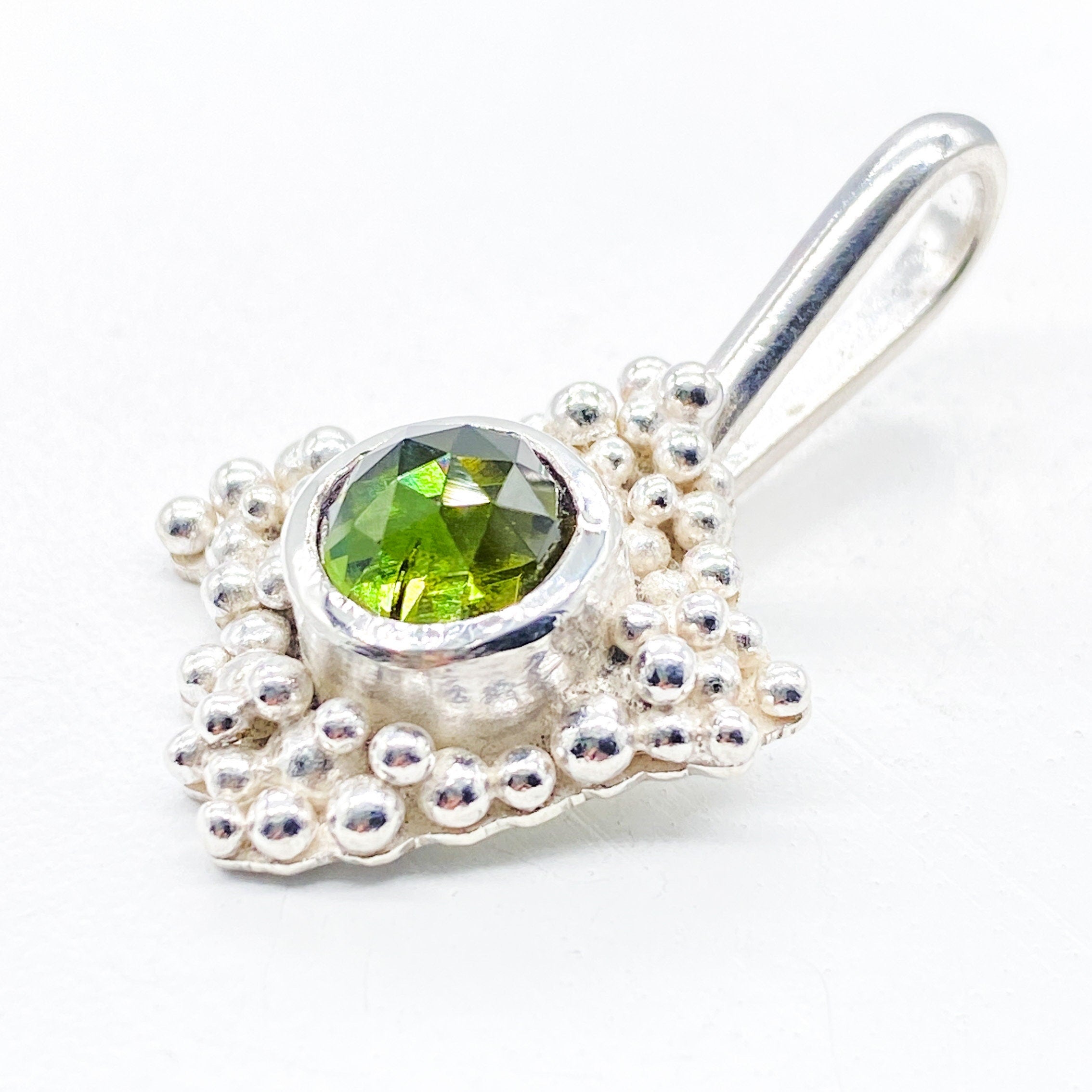 Green Tourmaline Silver Granulation Pendant Handmade