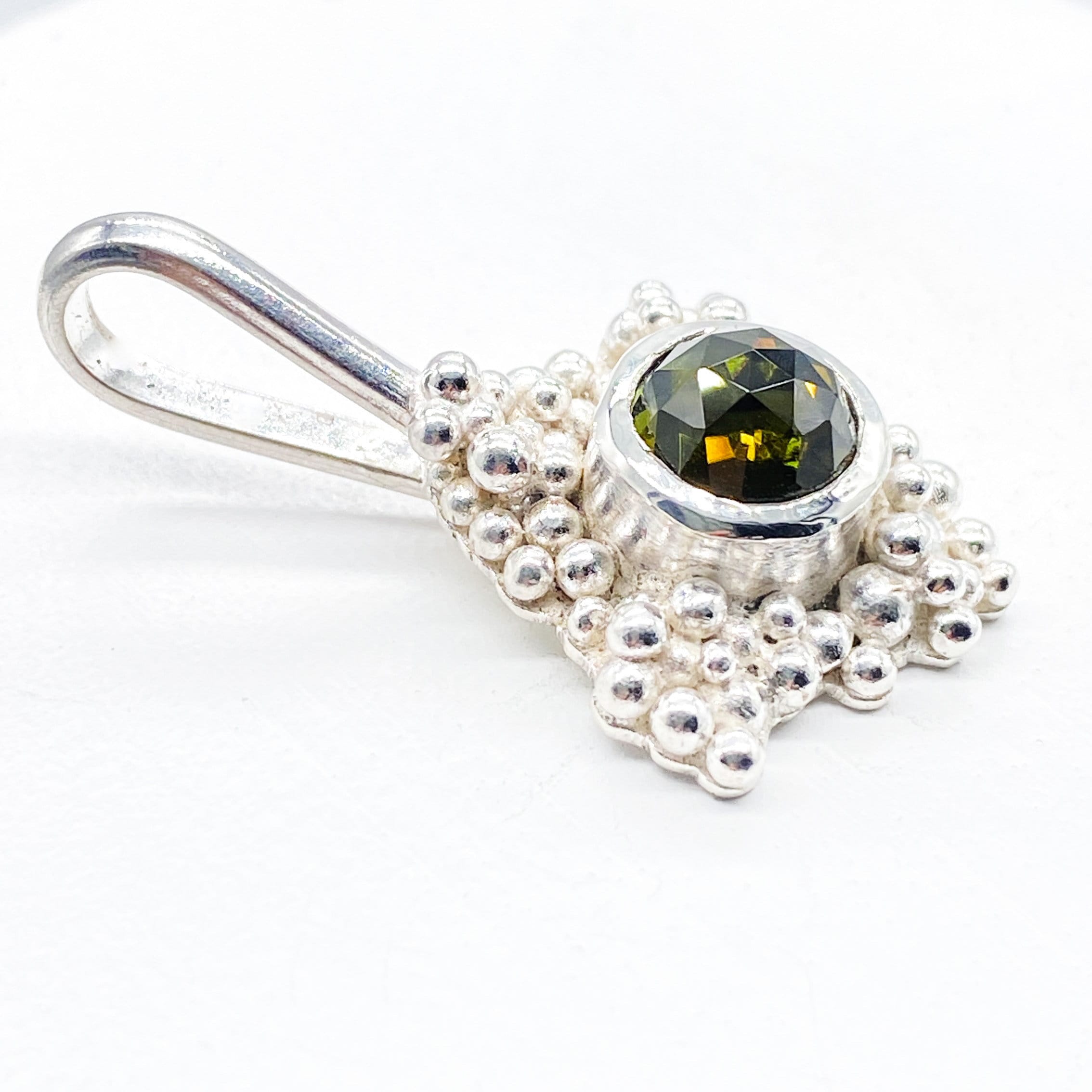 Green Tourmaline Silver Granulation Pendant Handmade