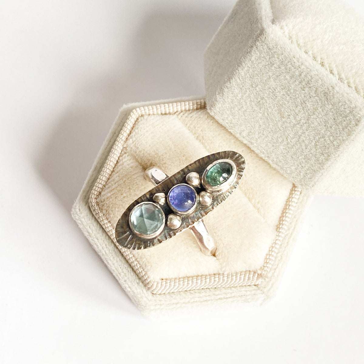 Tanzanite, Green Tourmaline and Blue Topaz Sterling Ring Handmade