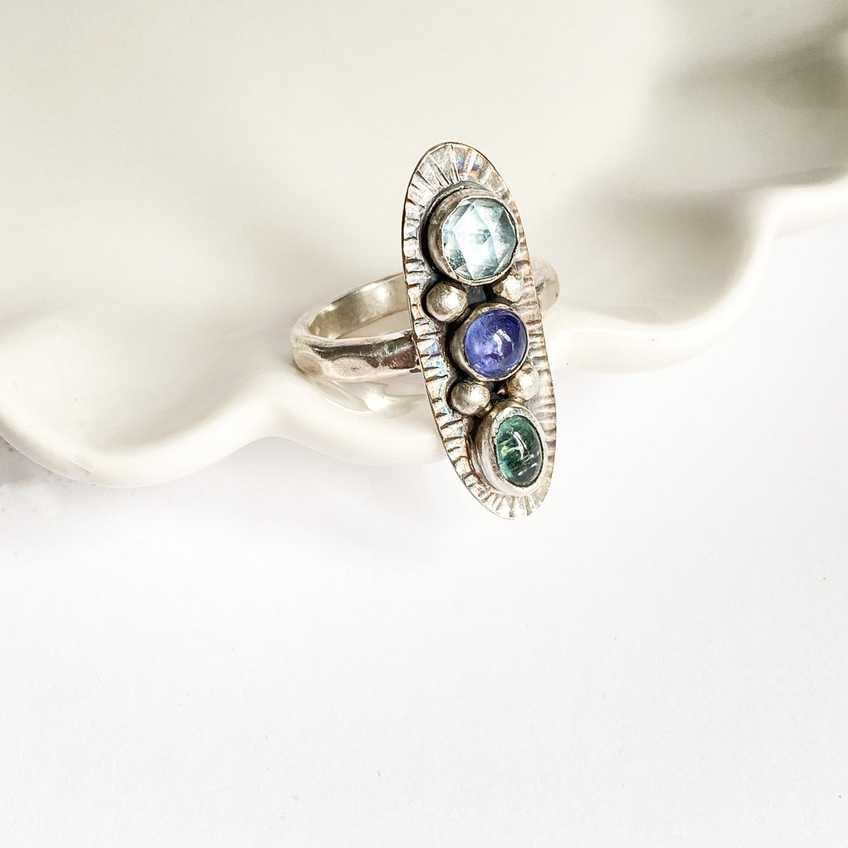 Tanzanite, Green Tourmaline and Blue Topaz Sterling Ring Handmade
