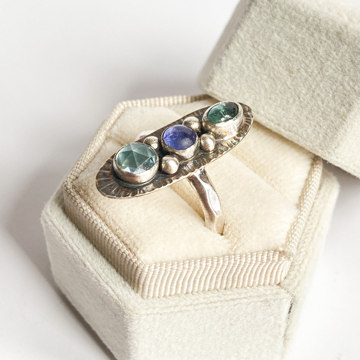 Tanzanite, Green Tourmaline and Blue Topaz Sterling Ring Handmade