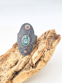Blue Zircon and Tourmaline Silver and Gold Ring