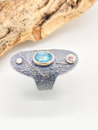 Blue Zircon and Tourmaline Silver and Gold Ring